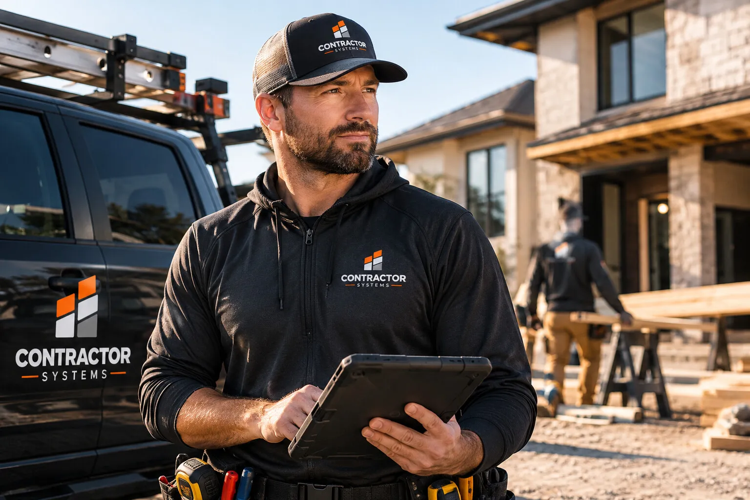 A contractor reviewing customer information on a tablet.