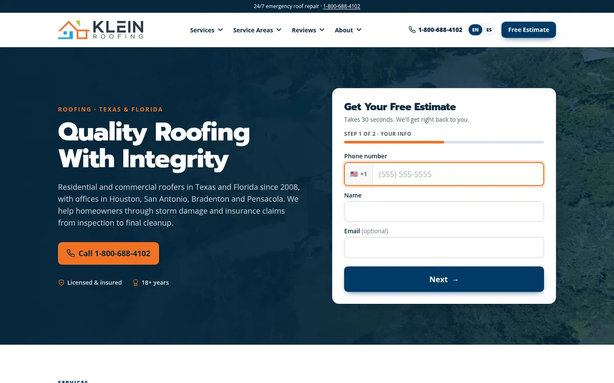 Klein Roofing's new website home page, built on Contractor Systems